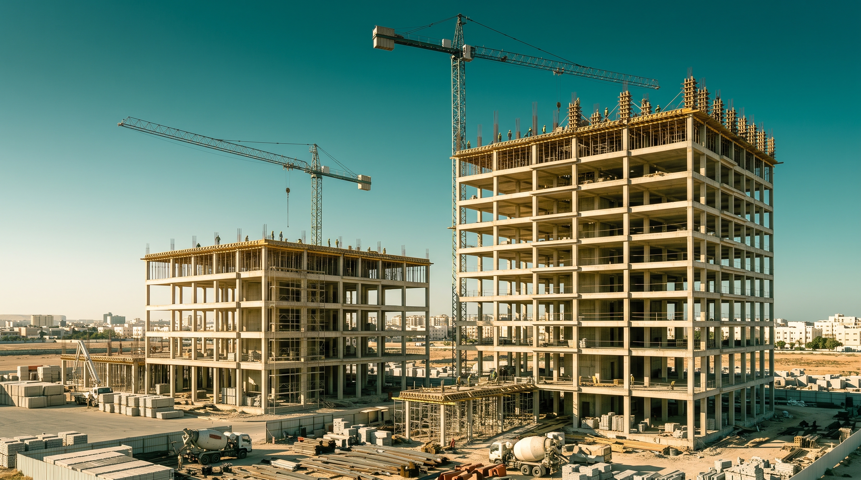 Deux immeubles en gros œuvre sous des grues sur un chantier de promotion immobilière.