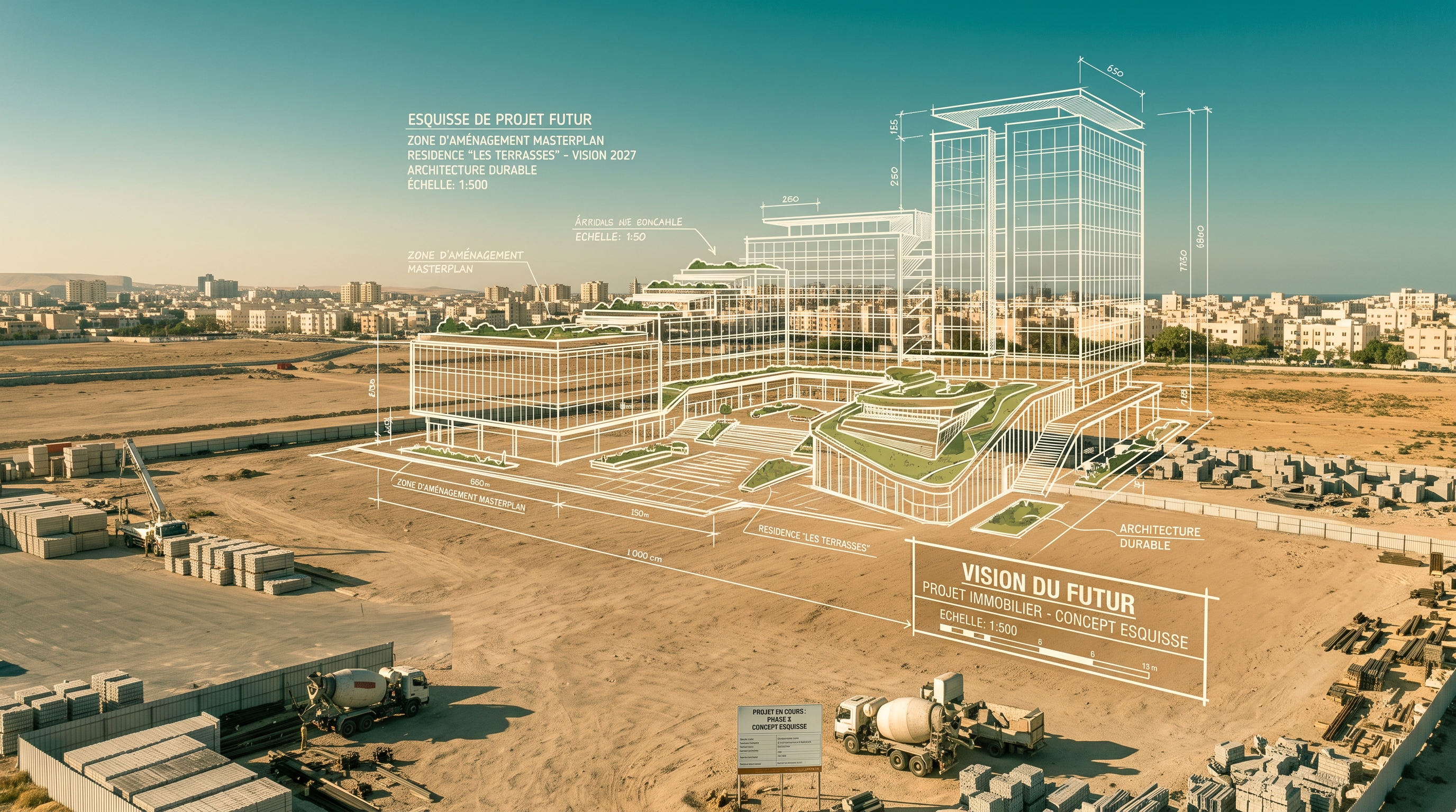 Esquisse architecturale d'un futur programme immobilier superposée à son terrain.